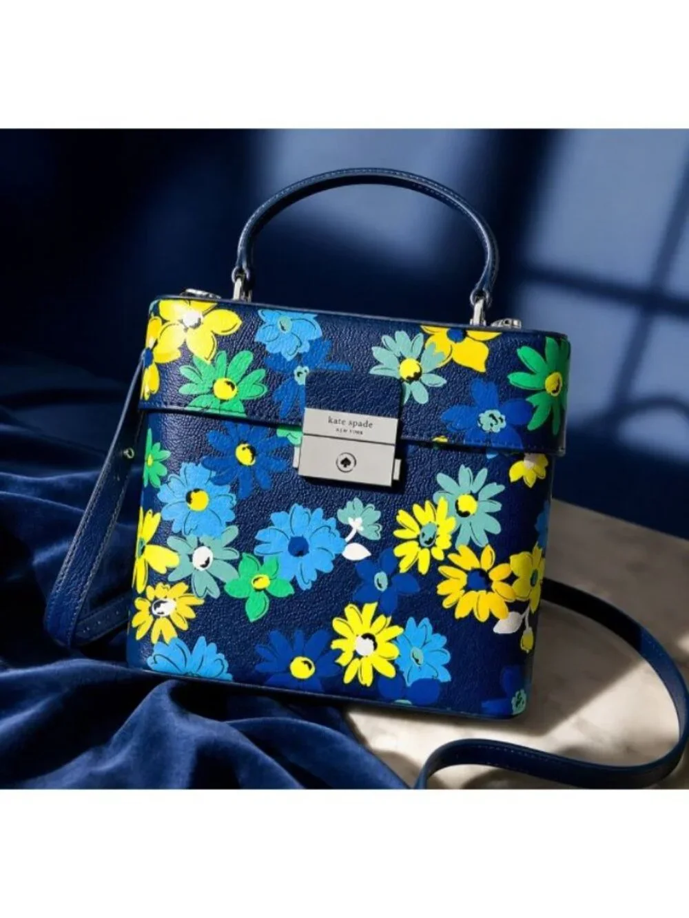 Kate Spade Voyage Floral Medley Small Leather Crossbody Bag Top Handle Navy